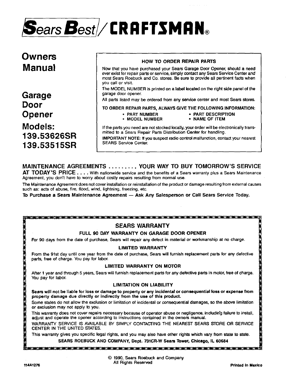 Sears besf//crbftsmrn, Sears warranty, Owners manual | Craftsman 1/2HP Garage Door Opener 139.53515SR User Manual | Page 24 / 24