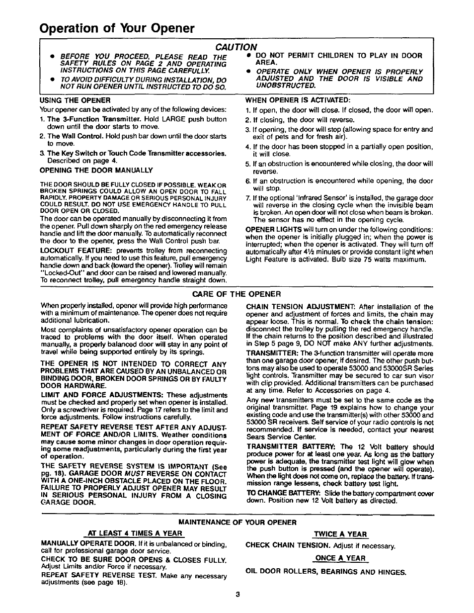 Operation of your opener, Caution | Craftsman 1/2HP Garage Door Opener 139.53515SR User Manual | Page 3 / 24