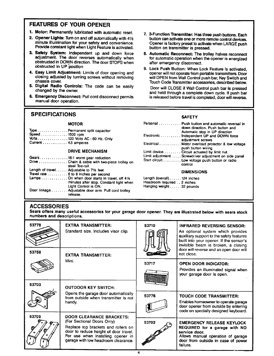 Features of your opener, Specifications, Accessories | Craftsman 1/2HP Garage Door Opener 139.53515SR User Manual | Page 4 / 24