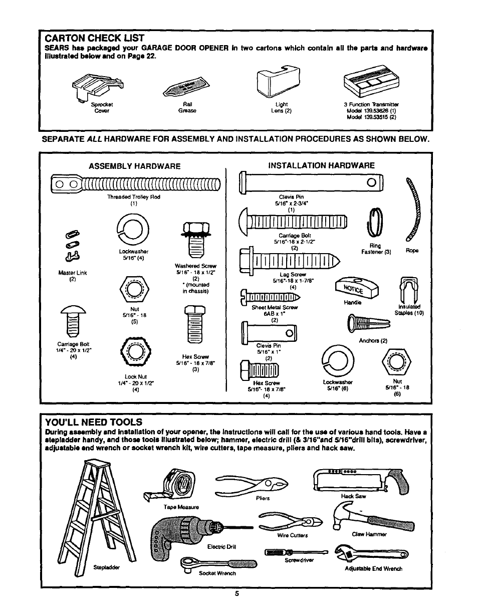 Carton check list, You'll need tools | Craftsman 1/2HP Garage Door Opener 139.53515SR User Manual | Page 5 / 24