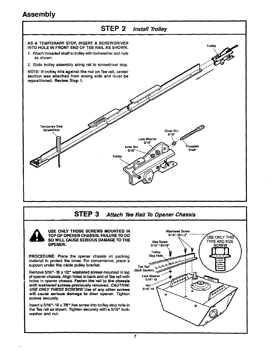 Assembly step 2, Step 3, Install trolley | Attach tee rail to opener chassis | Craftsman 1/2HP Garage Door Opener 139.53515SR User Manual | Page 7 / 24
