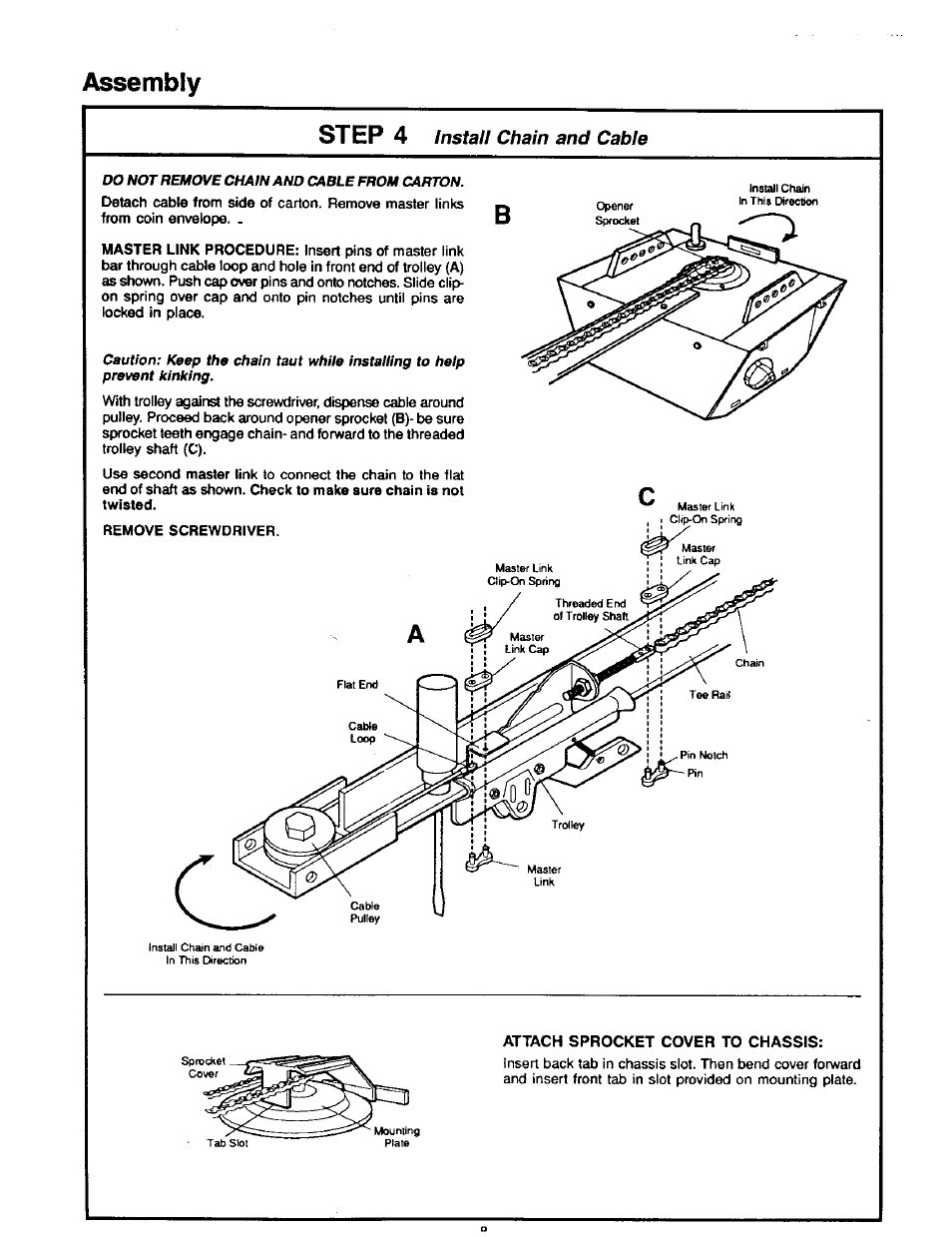 Assembly step 4, Install chain and cable | Craftsman 1/2HP Garage Door Opener 139.53515SR User Manual | Page 8 / 24