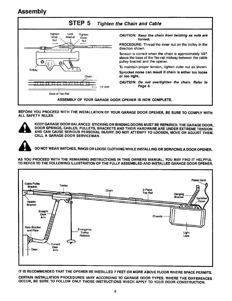 Assembly step 5, Tighten the chain and cable | Craftsman 1/2HP Garage Door Opener 139.53515SR User Manual | Page 9 / 24