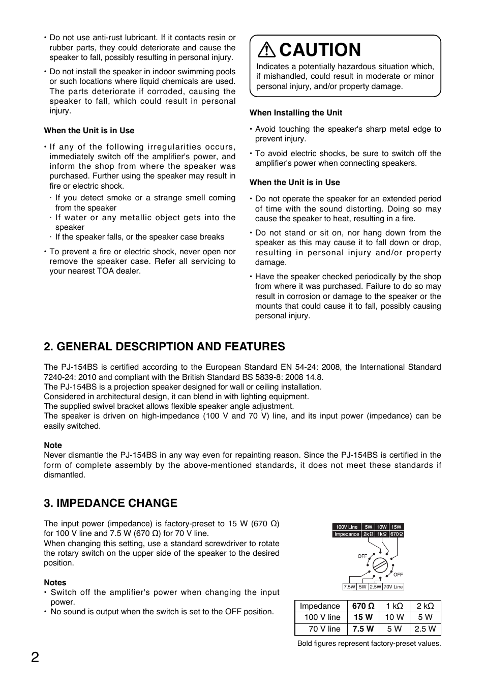 Caution, General description and features, Impedance change | Toa PJ-154BS User Manual | Page 2 / 8