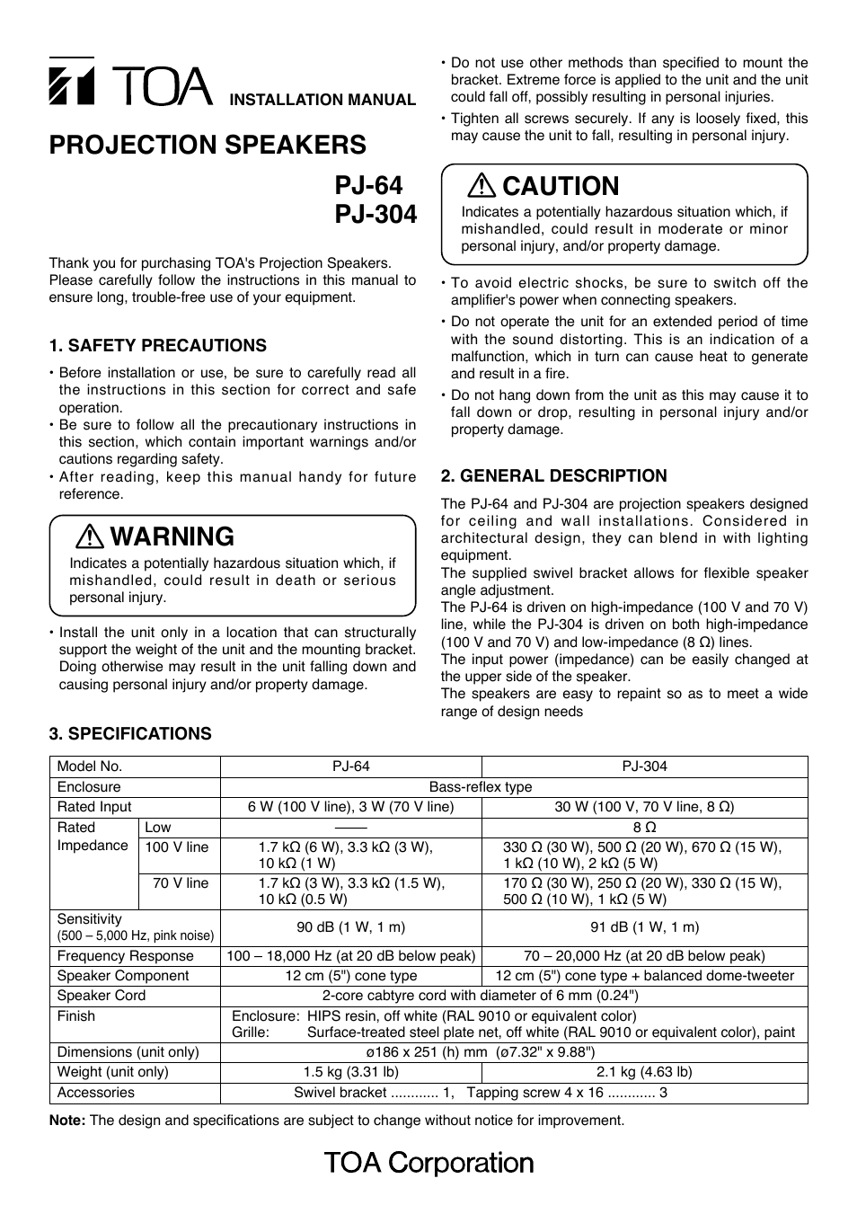 Toa PJ-304 User Manual | 4 pages