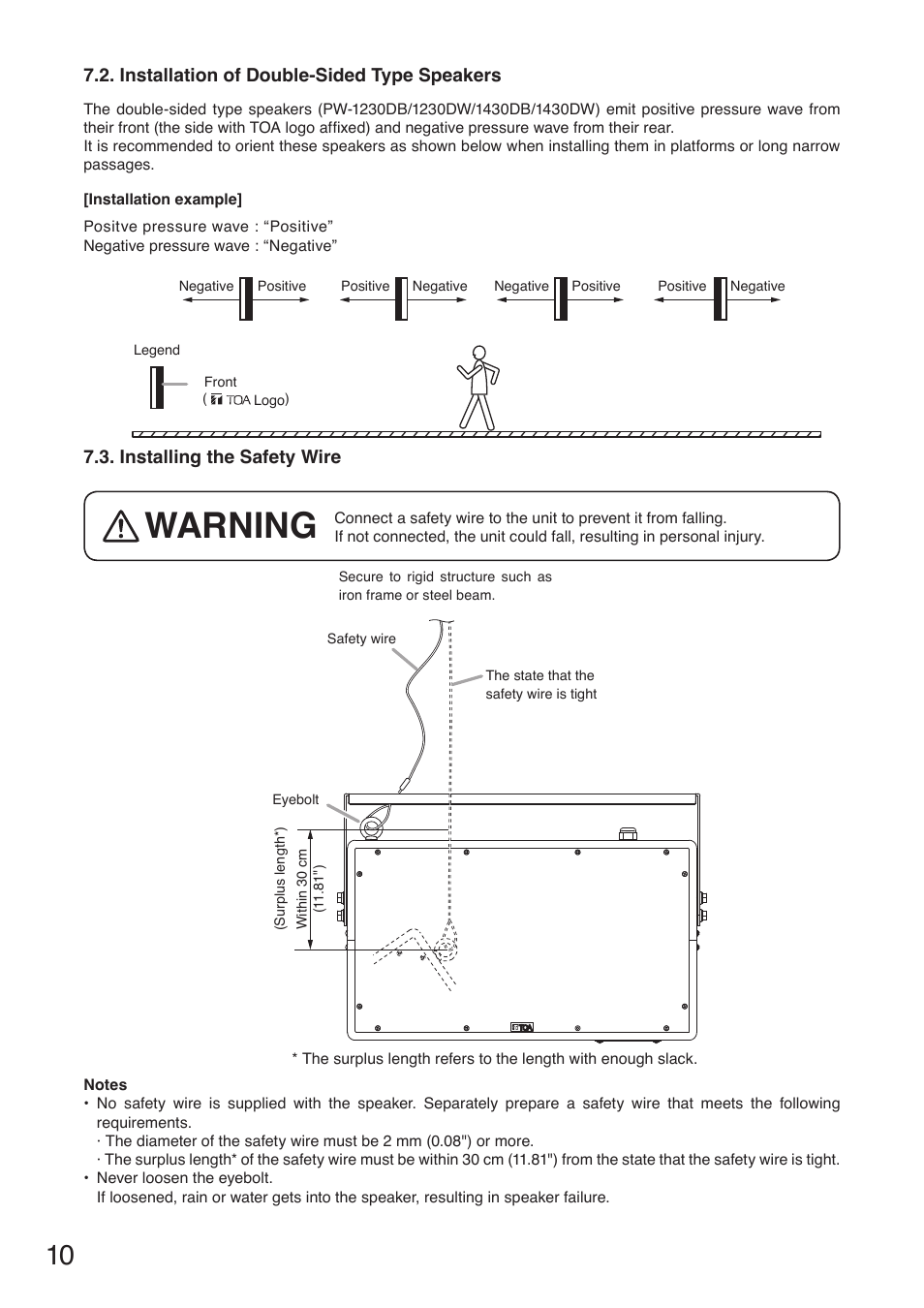 Warning | Toa PW-1430SW User Manual | Page 10 / 12