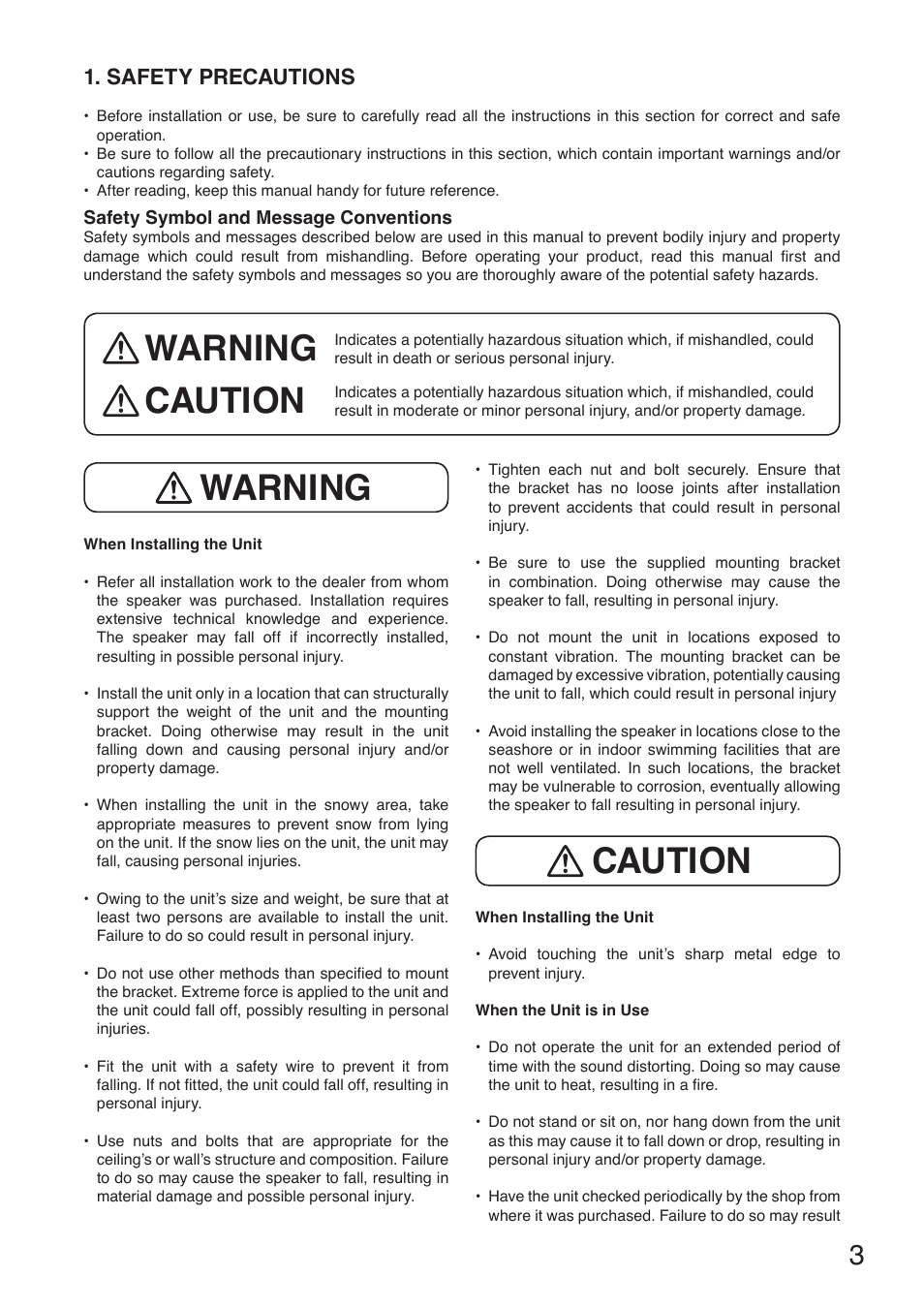 Warning caution, Safety precautions | Toa PW-1430SW User Manual | Page 3 / 12