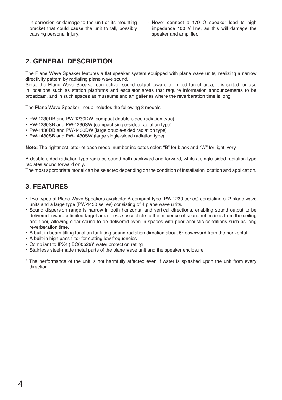 General description, Features | Toa PW-1430SW User Manual | Page 4 / 12