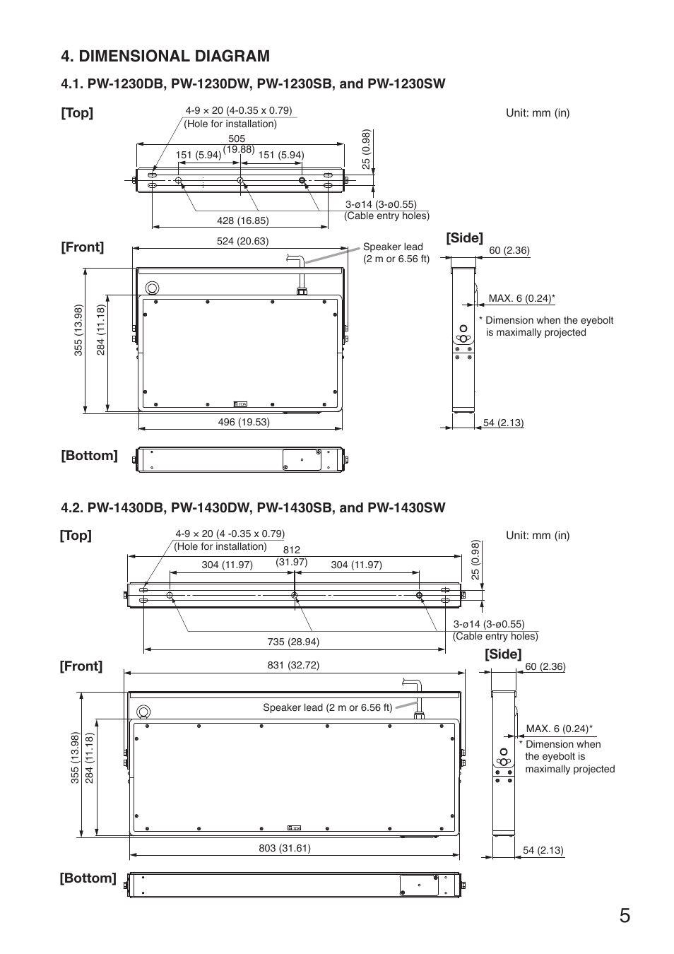 Dimensional diagram, Top] [front] [bottom] [side | Toa PW-1430SW User Manual | Page 5 / 12
