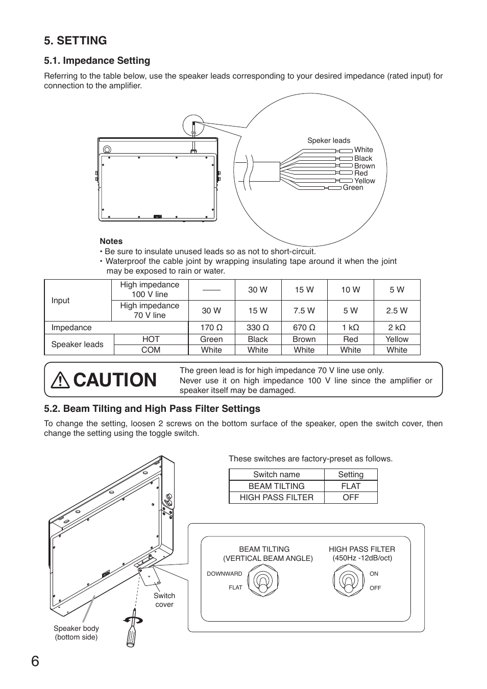 Caution, Setting | Toa PW-1430SW User Manual | Page 6 / 12