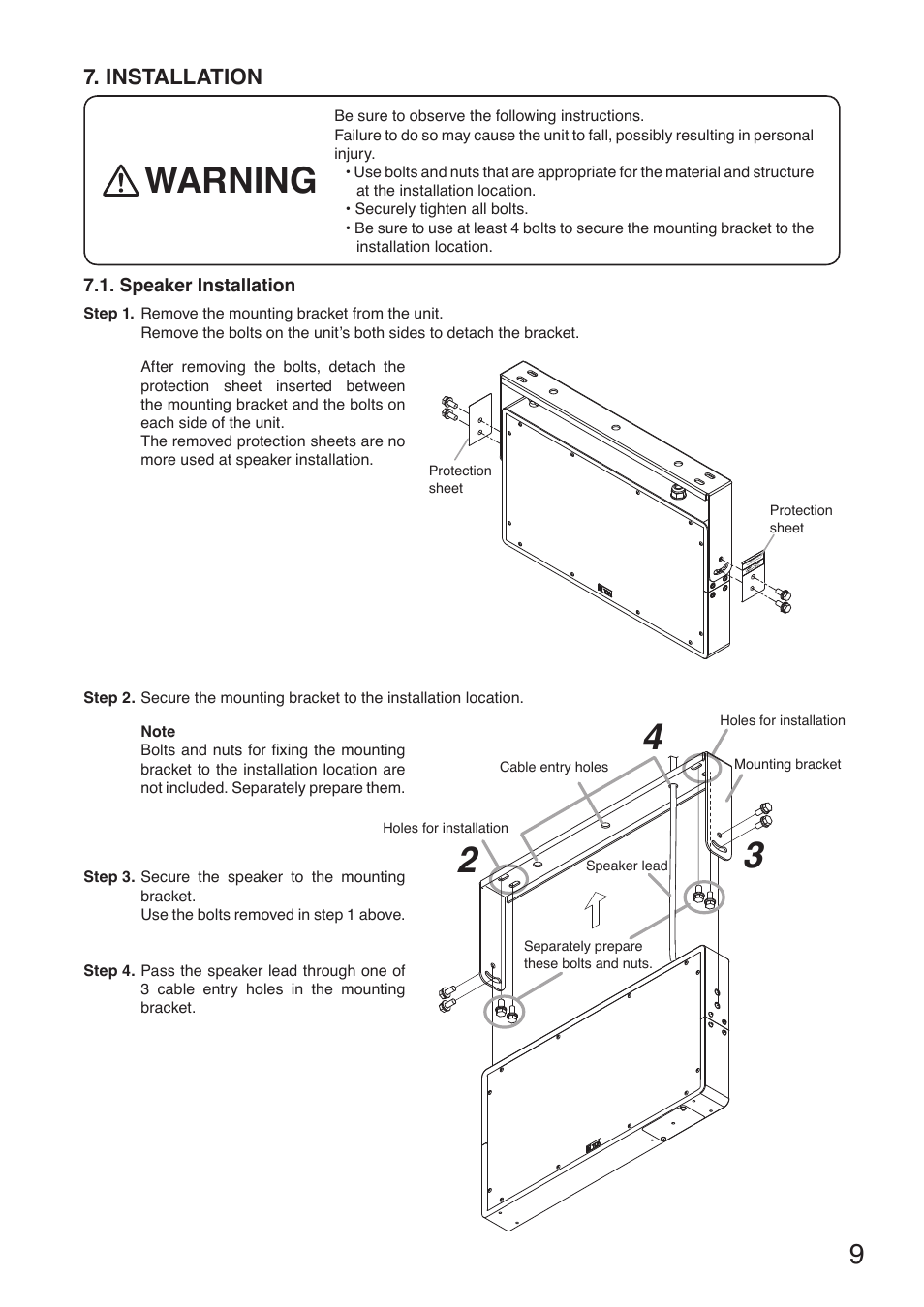 Warning, Installation | Toa PW-1430SW User Manual | Page 9 / 12