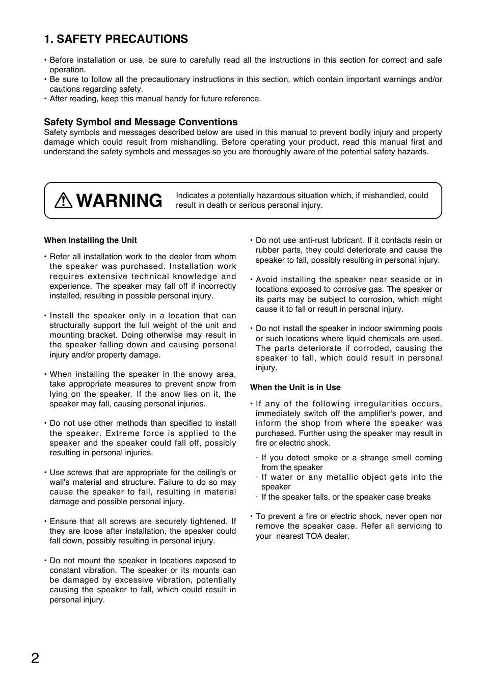 Warning, Safety precautions | Toa SC-615BS User Manual | Page 2 / 12