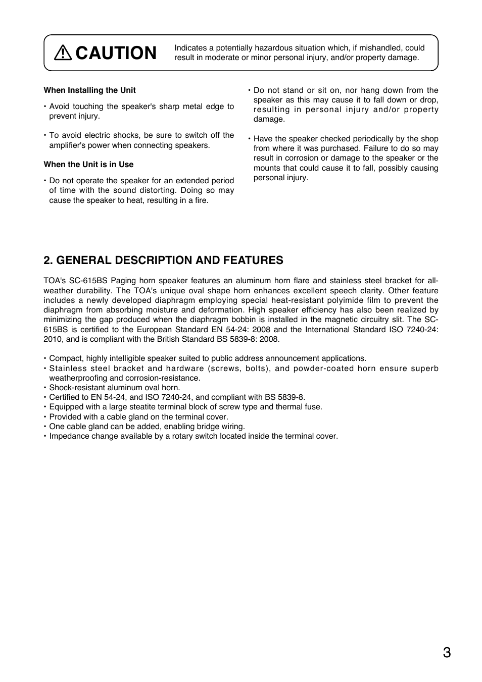 Caution, General description and features | Toa SC-615BS User Manual | Page 3 / 12