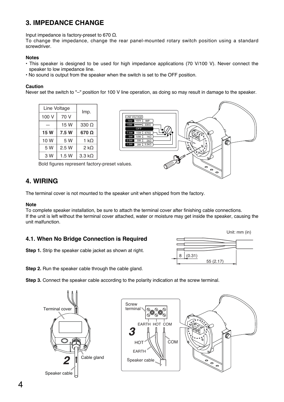 Impedance change, Wiring, When no bridge connection is required | Toa SC-615BS User Manual | Page 4 / 12