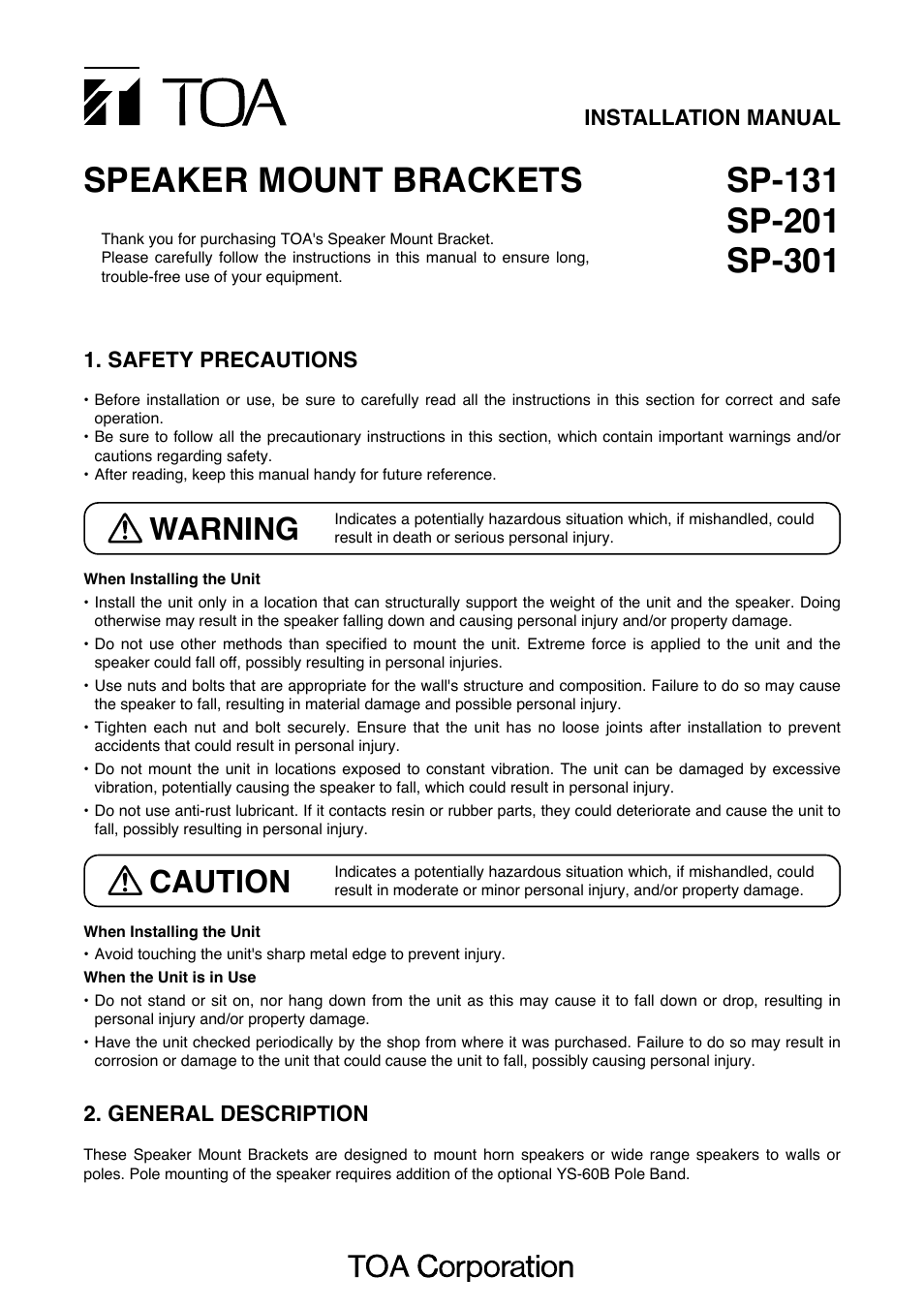 Toa SP-301 User Manual | 4 pages