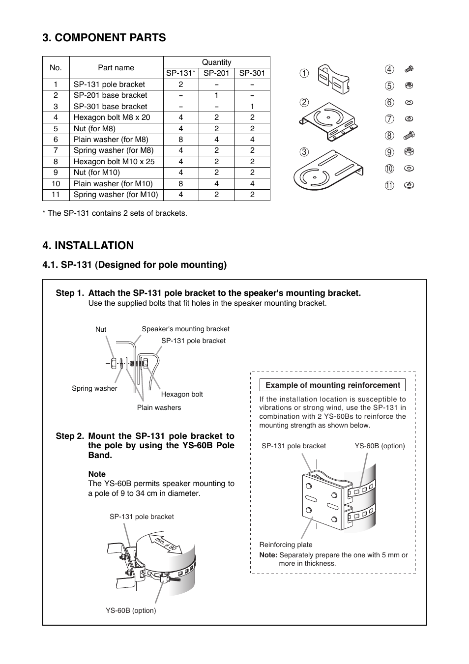 Component parts 4. installation | Toa SP-301 User Manual | Page 2 / 4