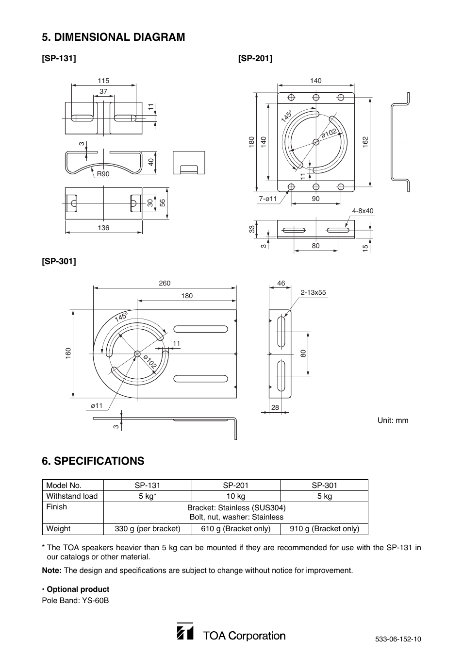 Dimensional diagram 6. specifications | Toa SP-301 User Manual | Page 4 / 4