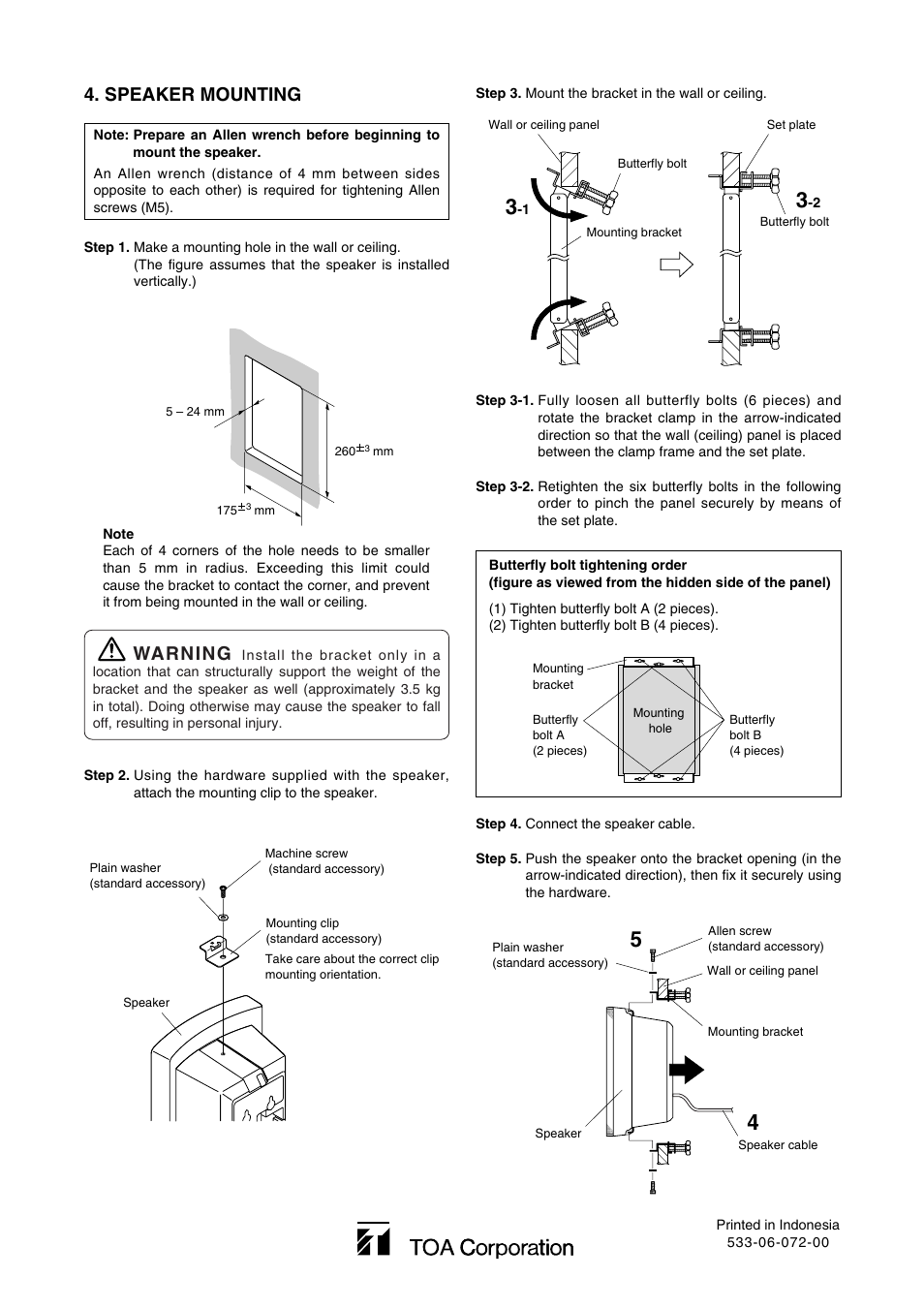 Warning, Speaker mounting | Toa SP-420 User Manual | Page 2 / 2