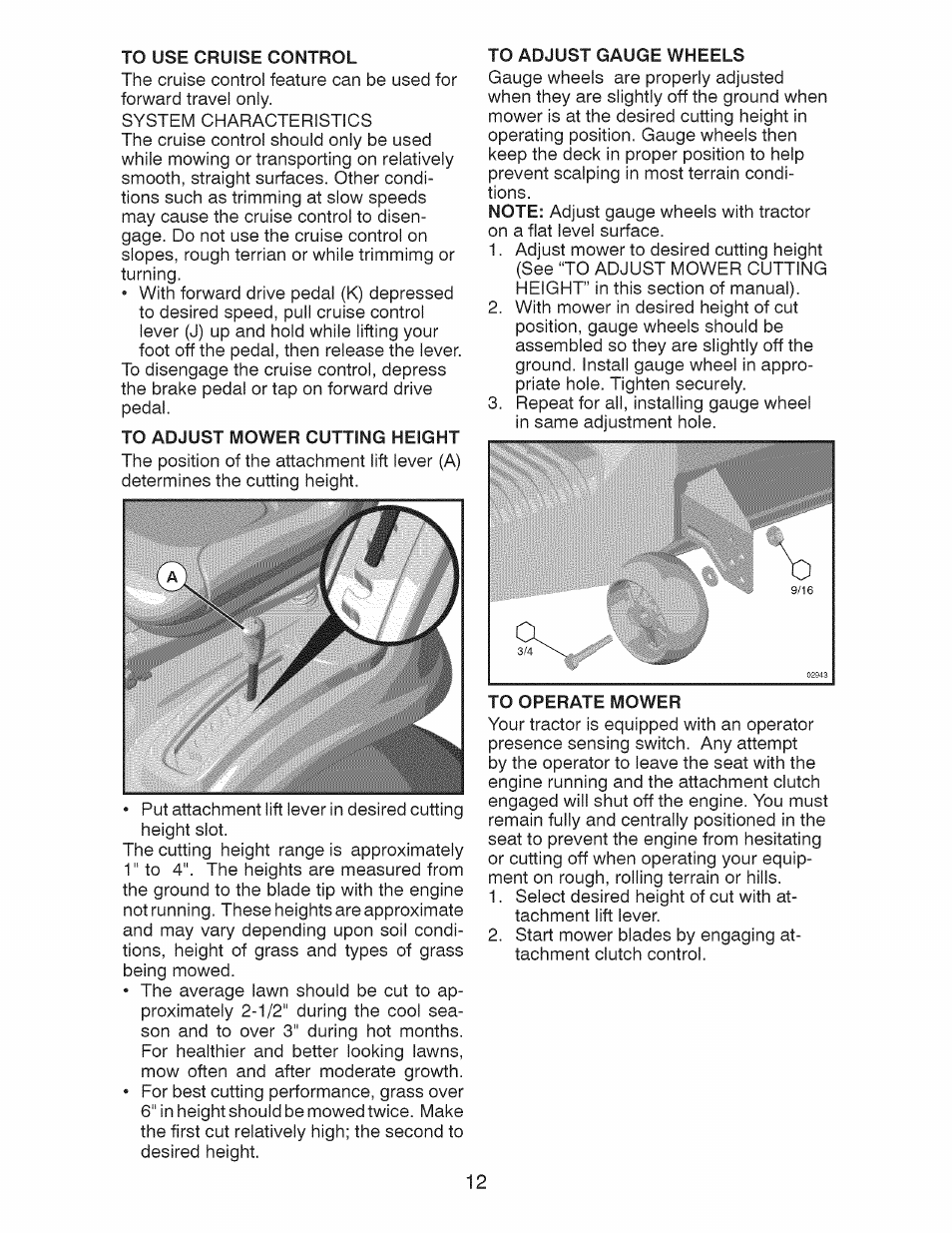 To adjust mower cutting height, To adjust gauge wheels | Craftsman 917.28928 User Manual | Page 12 / 64