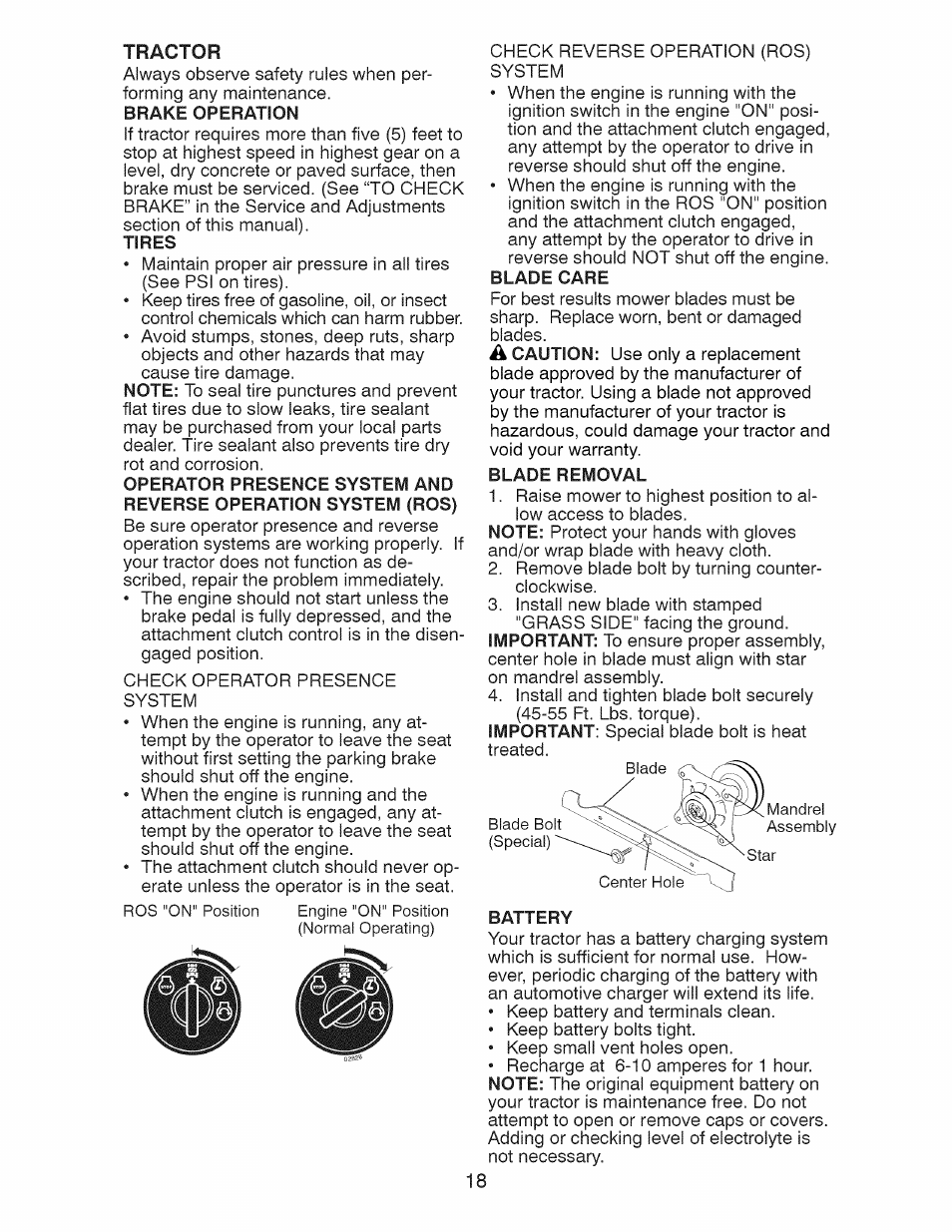 Tires, Blade care, Blade removal | Battery | Craftsman 917.28928 User Manual | Page 18 / 64