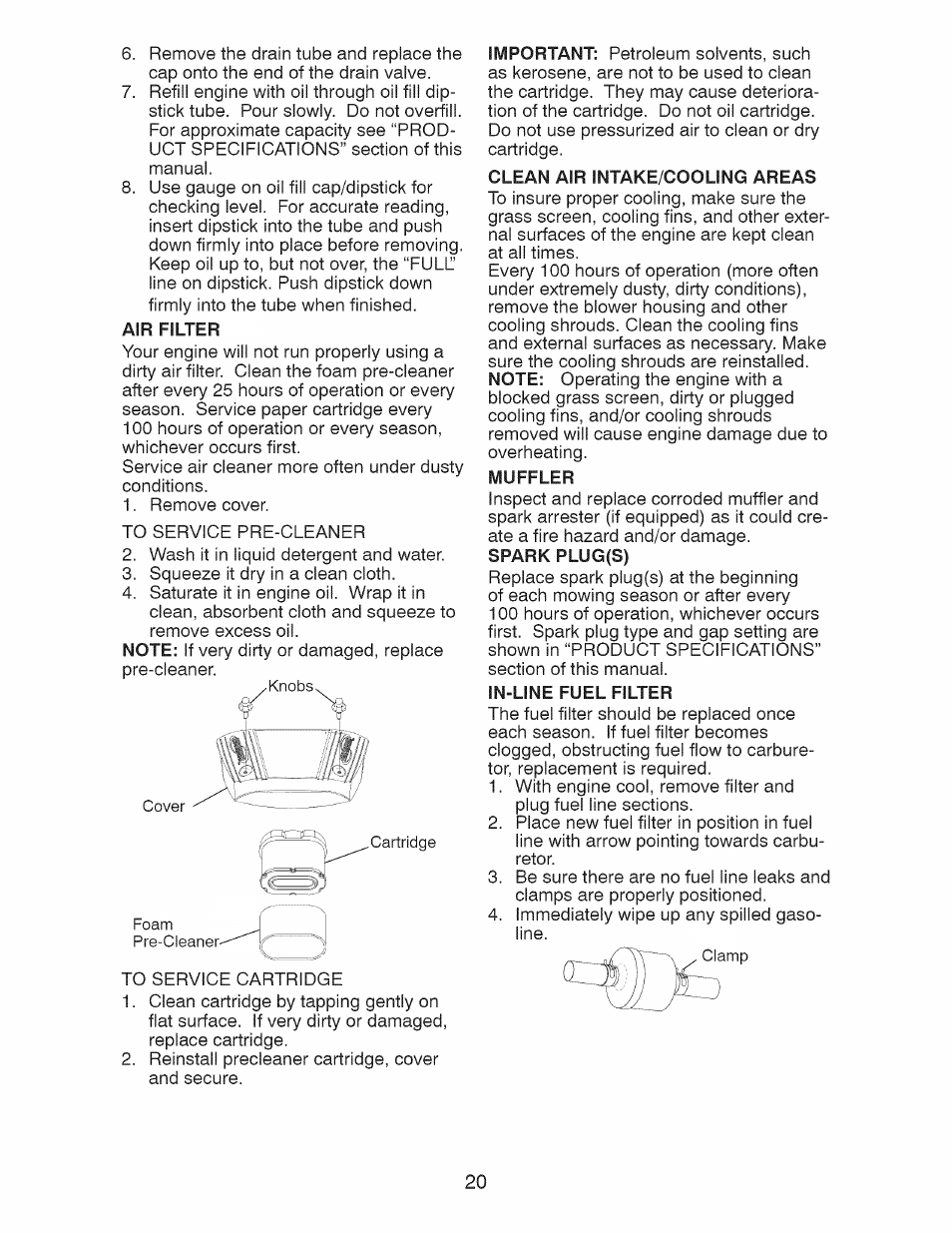 Air filter, Clean air intake/cooling areas, Muffler | Spark plug(s), In-line fuel filter | Craftsman 917.28928 User Manual | Page 20 / 64