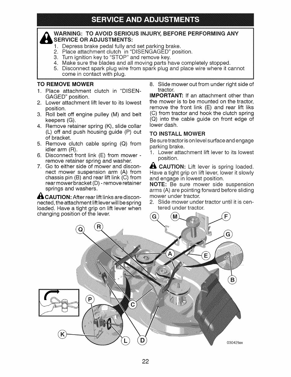 To remove mower, To install mower, Service and adjustments | Craftsman 917.28928 User Manual | Page 22 / 64
