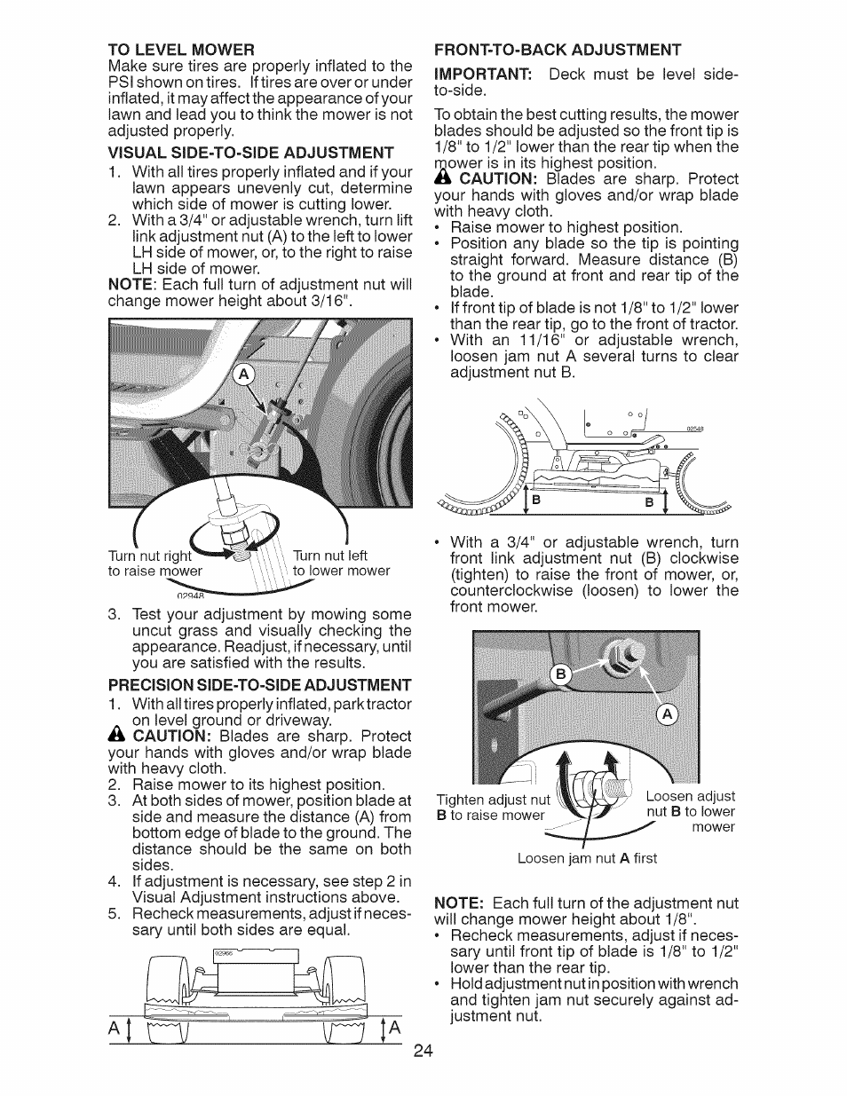 To level mower, Visual side-to-side adjustment, Precision side-to-side adjustment | Front-to-back adjustment | Craftsman 917.28928 User Manual | Page 24 / 64