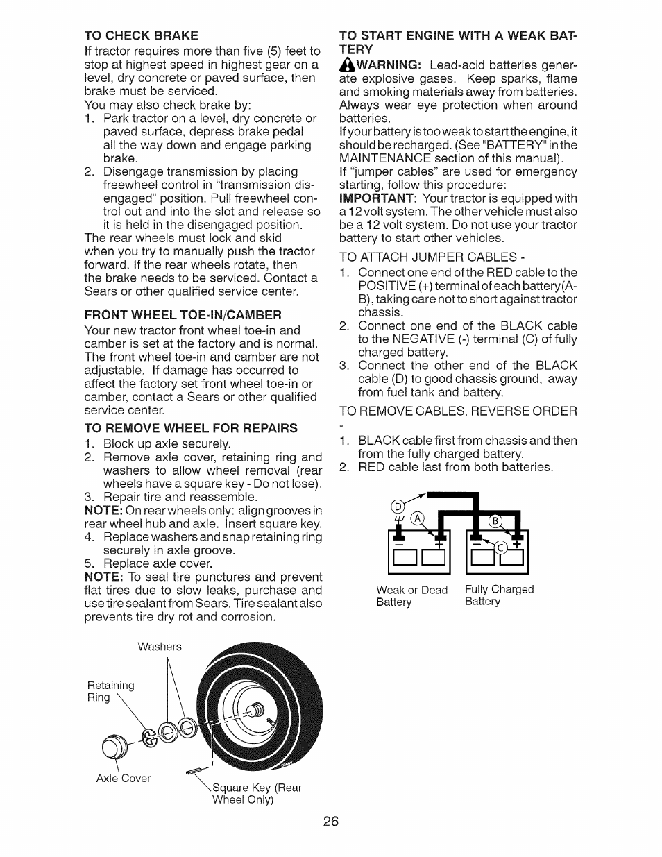 Front wheel toe-in/camber, To remove wheel for repairs, To start engine with a weak battery | Craftsman 917.28928 User Manual | Page 26 / 64