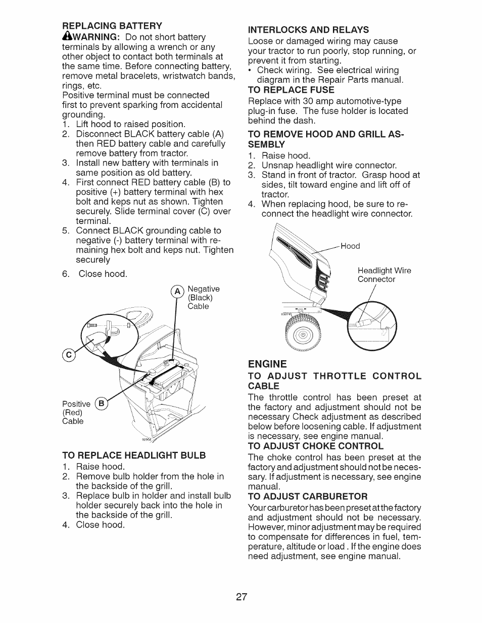 To replace headlight bulb, Interlocks and relays, To remove hood and grill assembly | To adjust throttle control cable, To adjust carburetor | Craftsman 917.28928 User Manual | Page 27 / 64