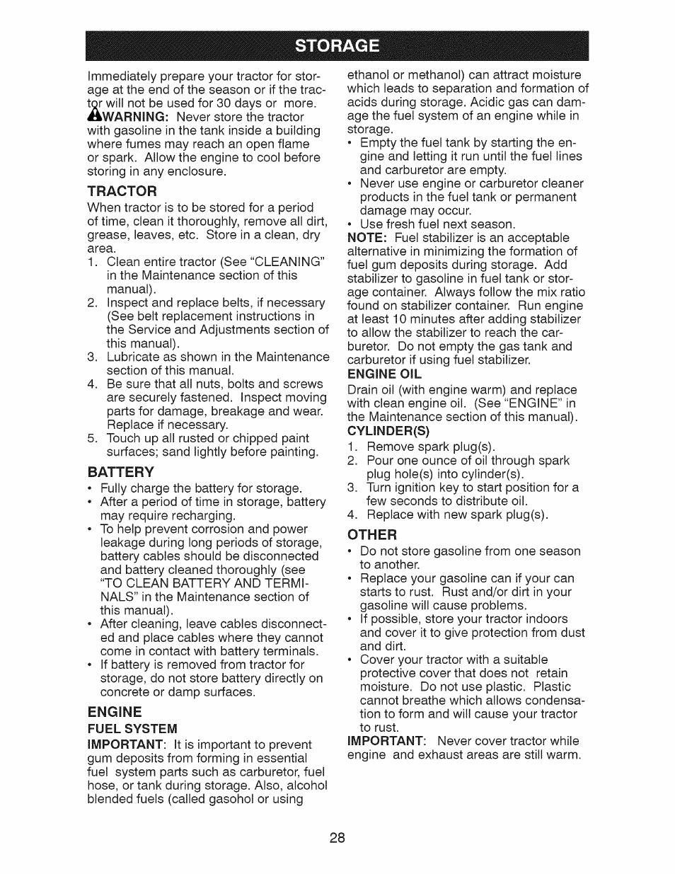 Storage, Engine oil | Craftsman 917.28928 User Manual | Page 28 / 64