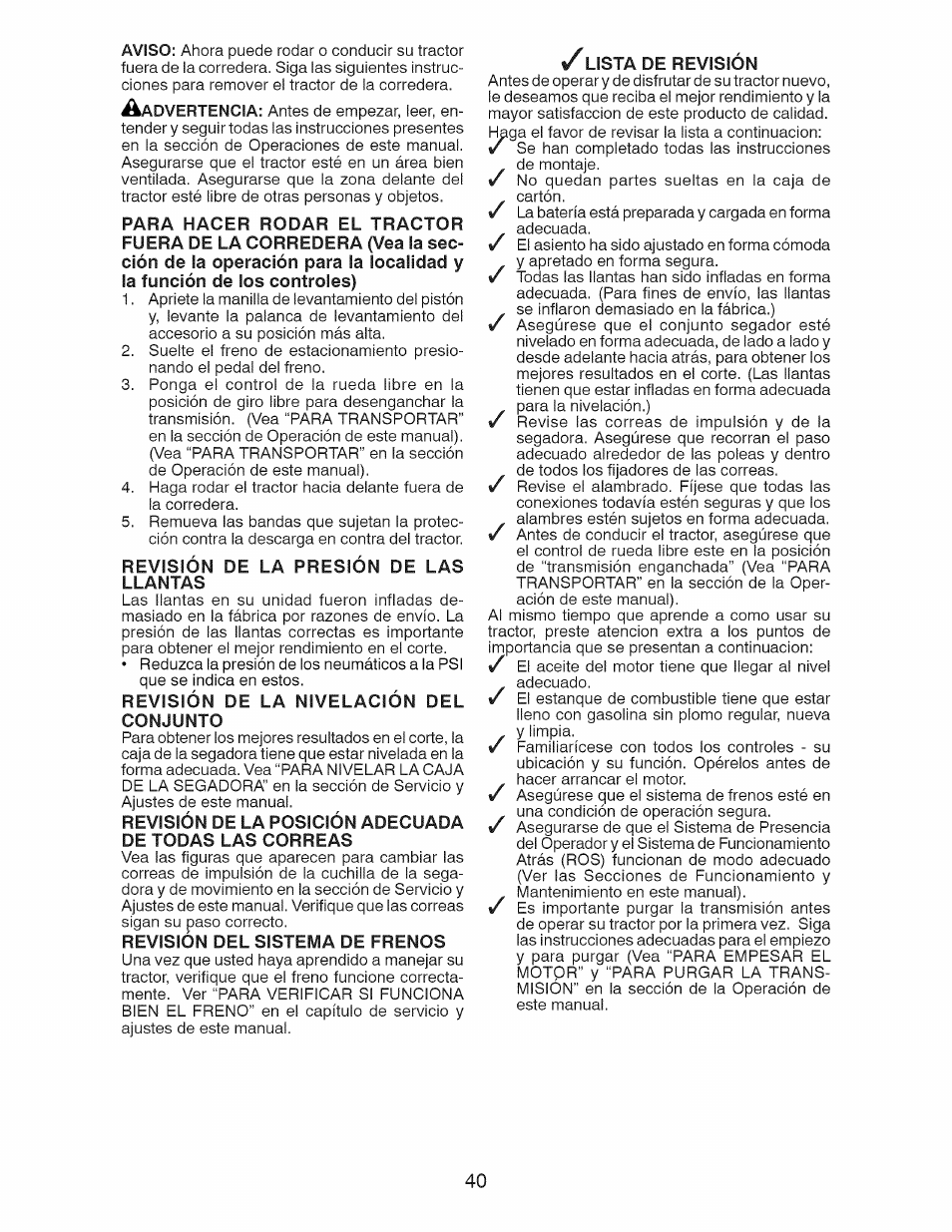Revisión de la presión de las llantas, Revisión de la nivelación del conjunto, Revision del sistema de frenos | Lista de revisión | Craftsman 917.28928 User Manual | Page 40 / 64