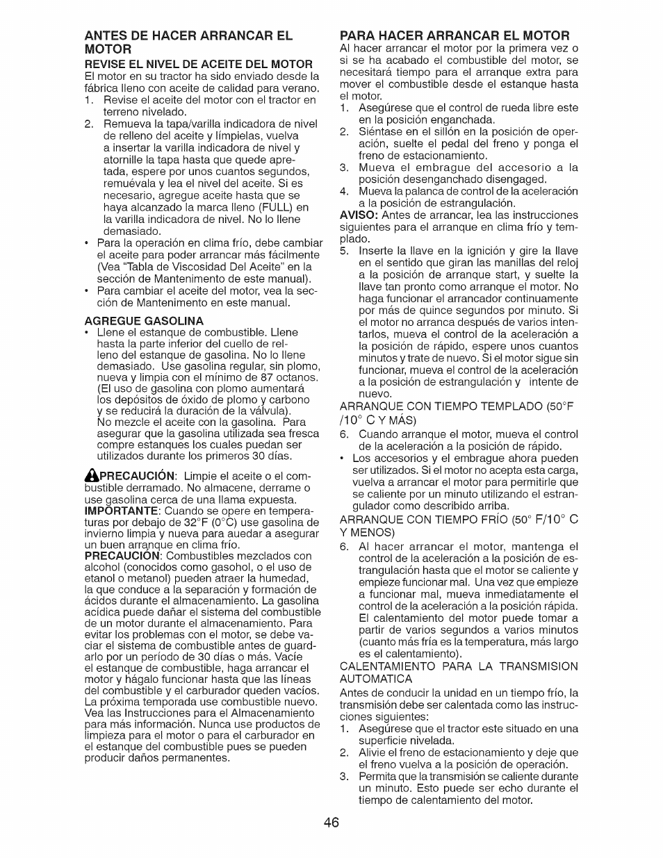 Para hacer arrancar el motor | Craftsman 917.28928 User Manual | Page 46 / 64