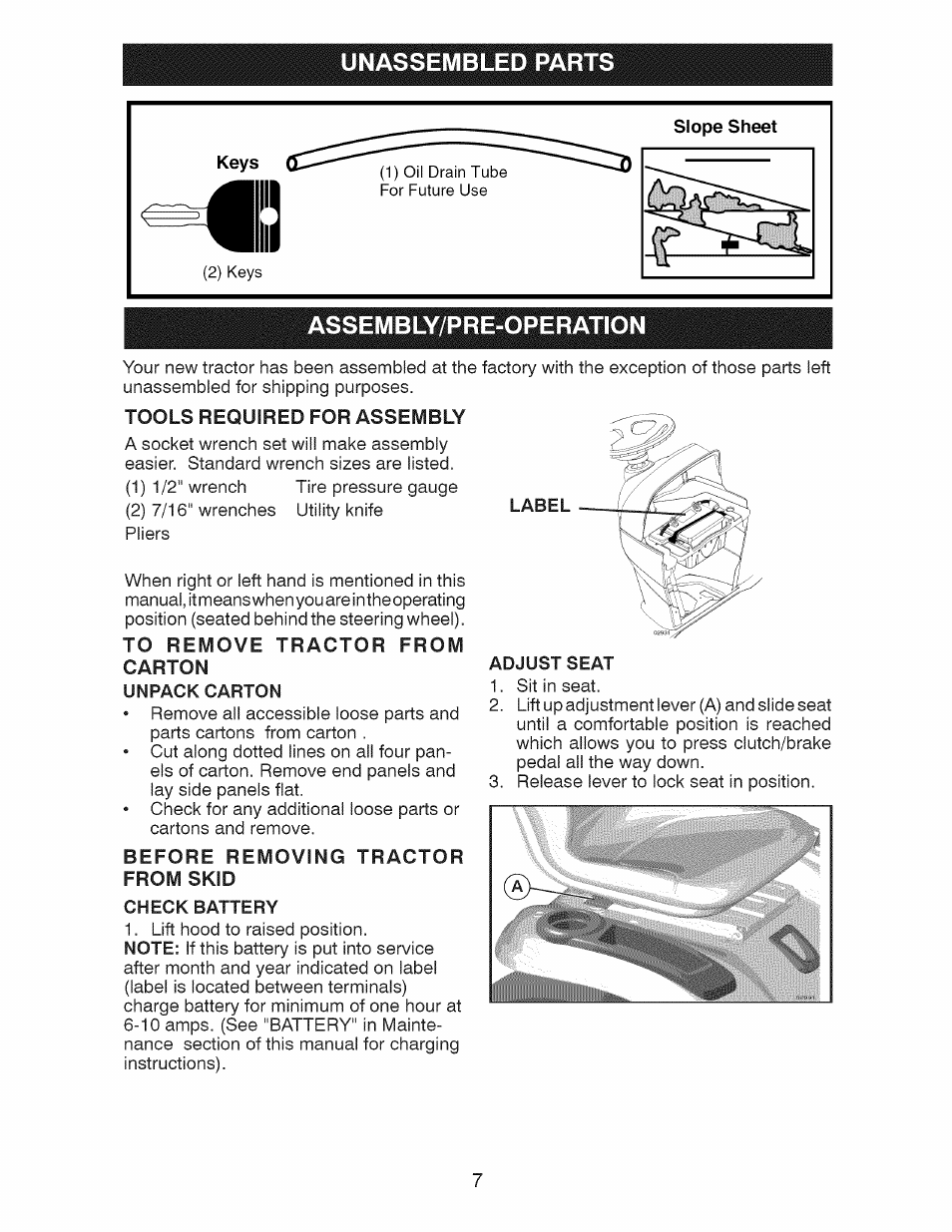 Unassembled parts, Assembly/pre-operation, Unpack carton | Check battery, Adjust seat | Craftsman 917.28928 User Manual | Page 7 / 64