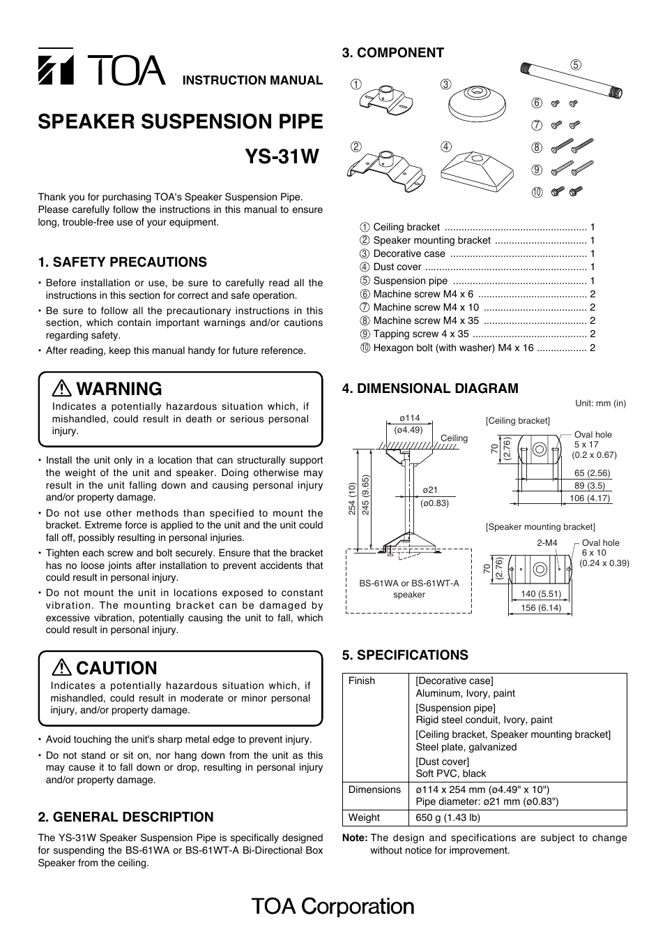 Toa YS-31W User Manual | 2 pages