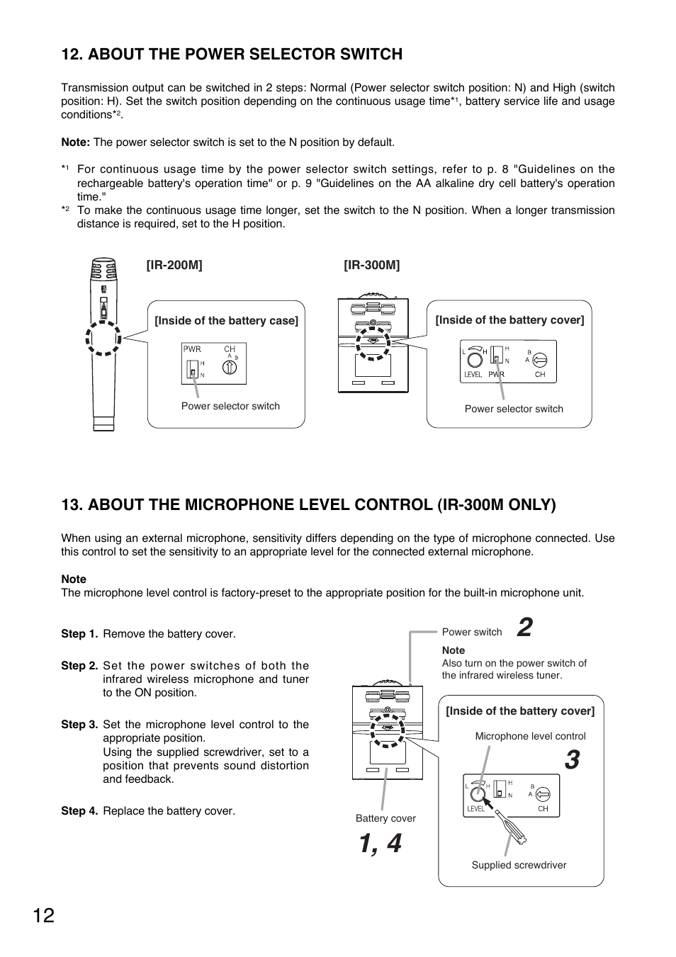 About the power selector switch, About the microphone level control (ir-300m only) | Toa IR-300M User Manual | Page 12 / 16