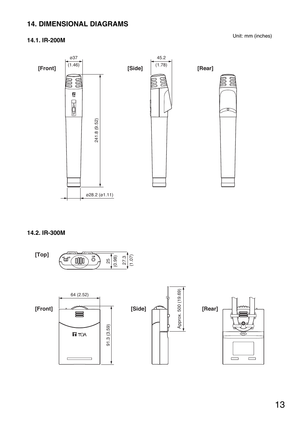 Dimensional diagrams | Toa IR-300M User Manual | Page 13 / 16