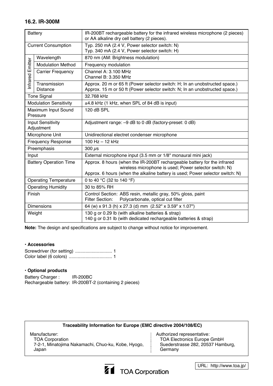 Toa IR-300M User Manual | Page 16 / 16