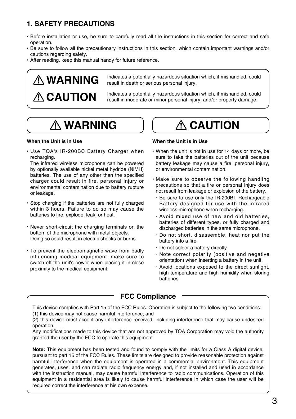 Warning, Warning caution caution | Toa IR-300M User Manual | Page 3 / 16