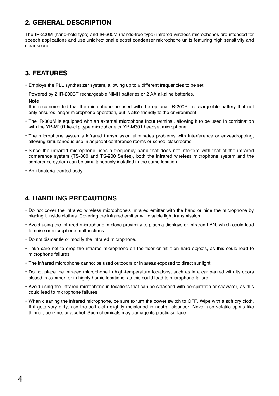 General description, Features, Handling precautions | Toa IR-300M User Manual | Page 4 / 16