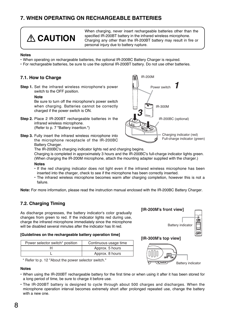 Caution, When operating on rechargeable batteries | Toa IR-300M User Manual | Page 8 / 16