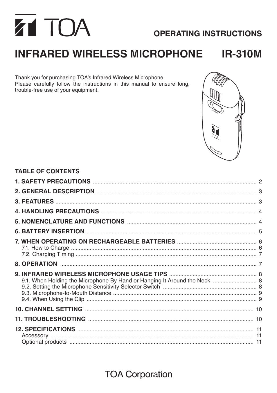 Toa IR-310M User Manual | 12 pages