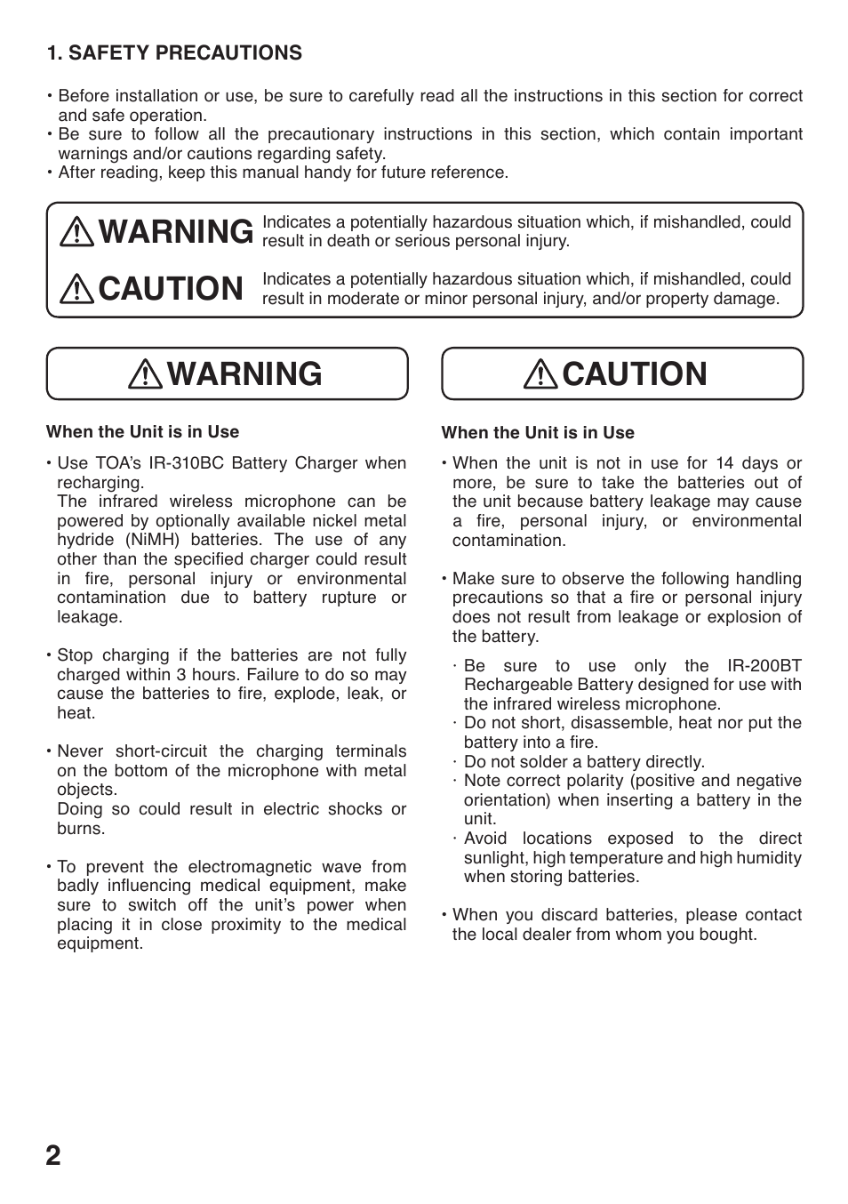 Warning, Caution warning, Caution | Toa IR-310M User Manual | Page 2 / 12