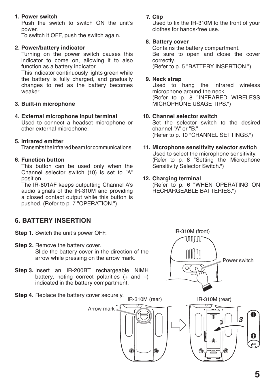 Battery insertion | Toa IR-310M User Manual | Page 5 / 12
