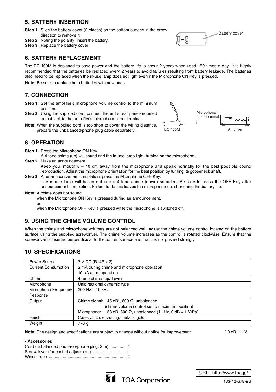 Battery insertion, Battery replacement, Connection | Operation, Using the chime volume control, Specifications | Toa EC-100M User Manual | Page 2 / 2