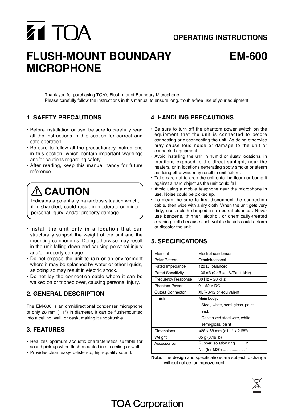 Toa EM-600 User Manual | 2 pages