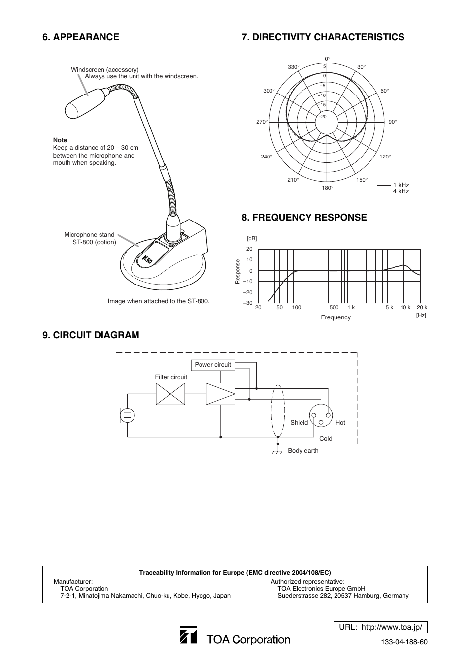 Circuit diagram 7. directivity characteristics, Frequency response 6. appearance | Toa EM-800 User Manual | Page 2 / 2