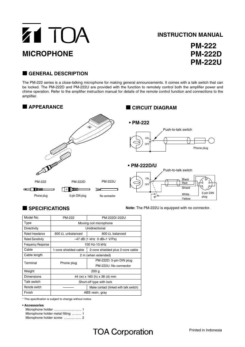Toa PM-222U User Manual | 1 page