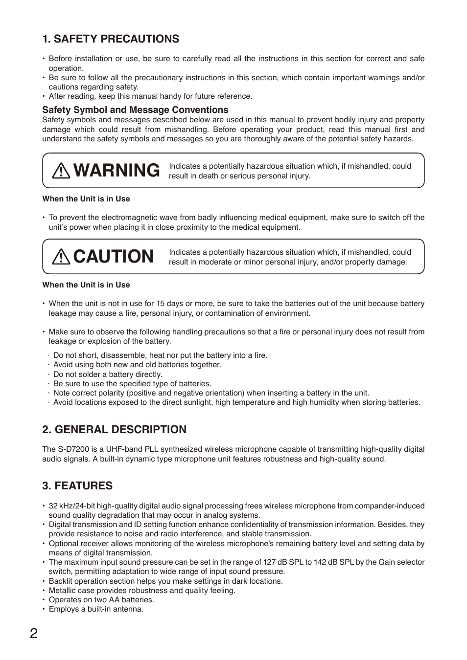 Safety precautions, General description, Features | Warning, Caution | Toa S-D7200 User Manual | Page 2 / 12