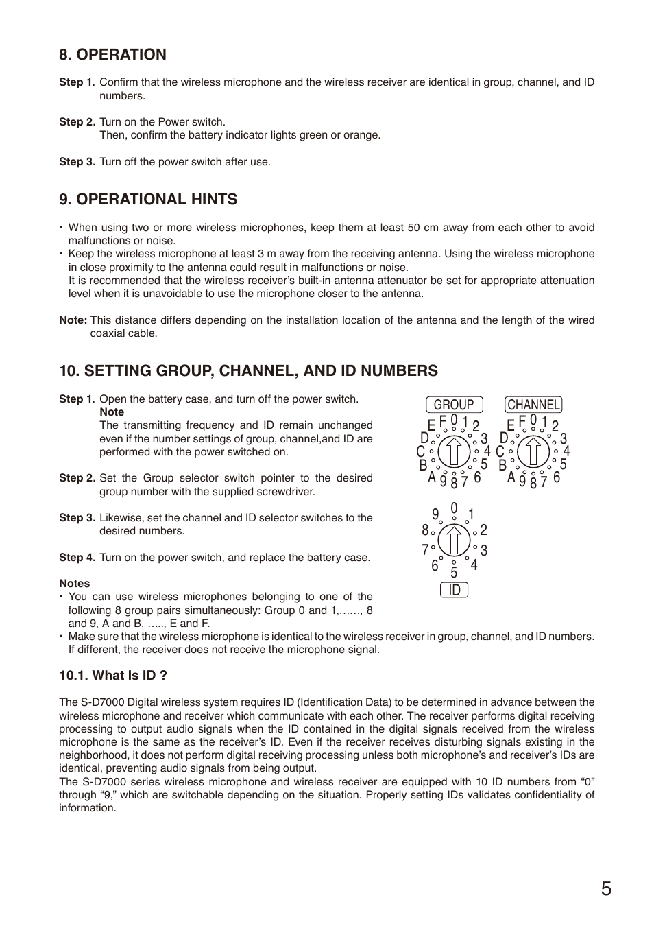 Operation, Operational hints, Setting group, channel, and id numbers | 1 what is id, Operation 9. operational hints, Setting group, channel, and, Id numbers, What is id, P. 5 | Toa S-D7200 User Manual | Page 5 / 12