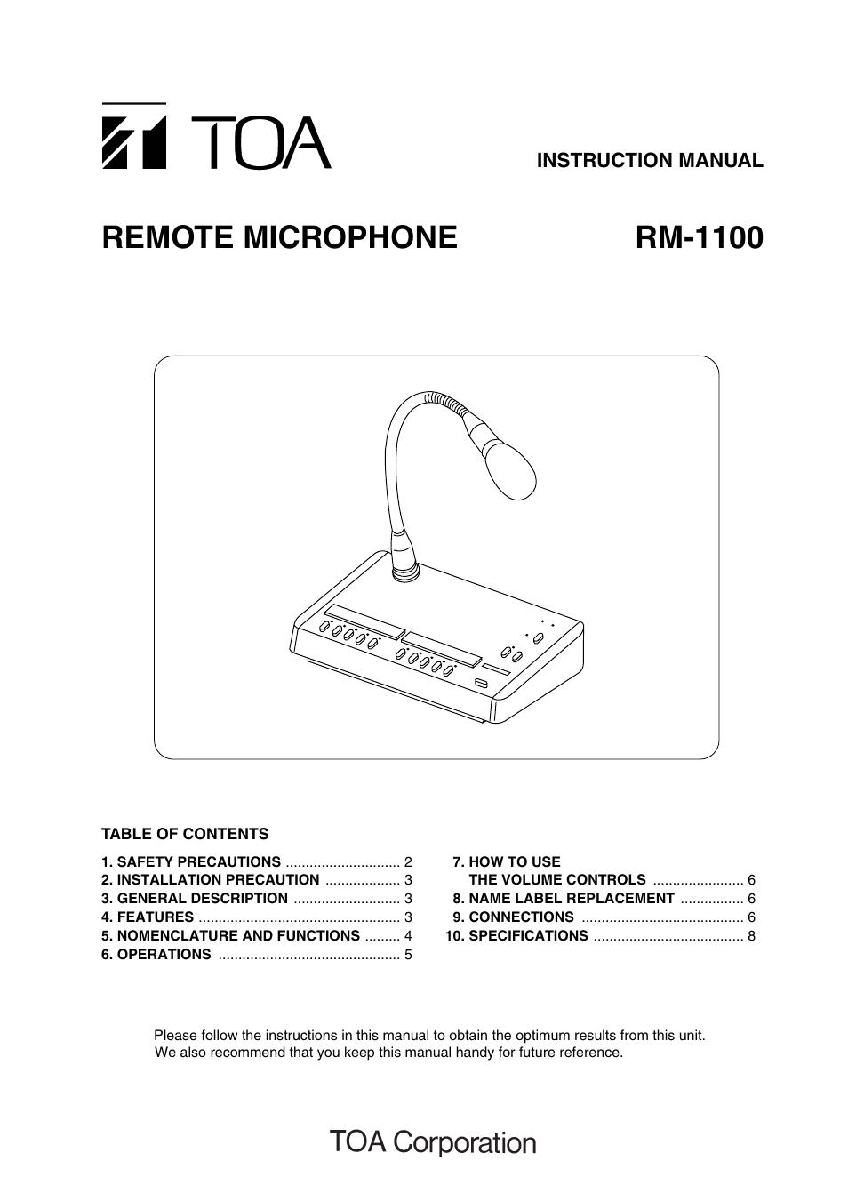 Toa RM-1100 User Manual | 8 pages